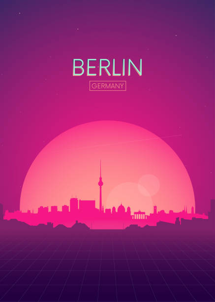 reisen sie poster vektoren illustrationen, retro-futuristische skyline von berlin - berlin stock-grafiken, -clipart, -cartoons und -symbole