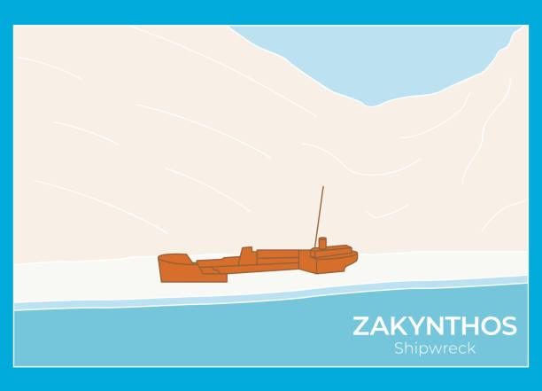 stockillustraties, clipart, cartoons en iconen met travel poster with navagio beach (shipwreck beach) on zakynthos island, greece- vector illustration - navagio beach