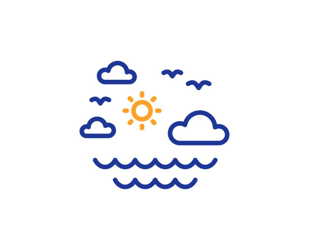 Travel sea line icon. Sun, clouds and waves sign. Summer holidays...