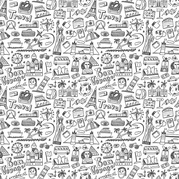 travel seamless background travel seamless background with icons in sketch style travel patterns stock illustrations