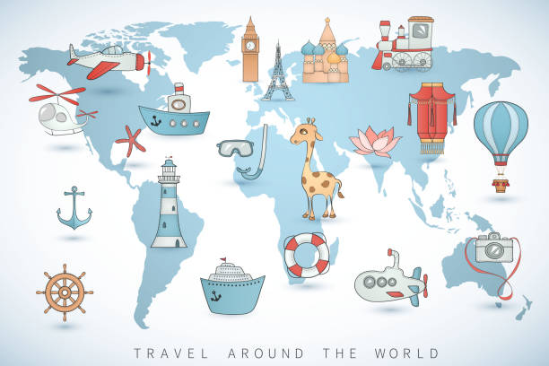 illustrations, cliparts, dessins animés et icônes de ensemble de voyage. collection icônes sur la carte du monde. - eiffel helicopter