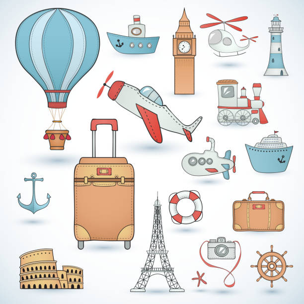 illustrations, cliparts, dessins animés et icônes de ensemble de voyage. icônes collection. - eiffel helicopter