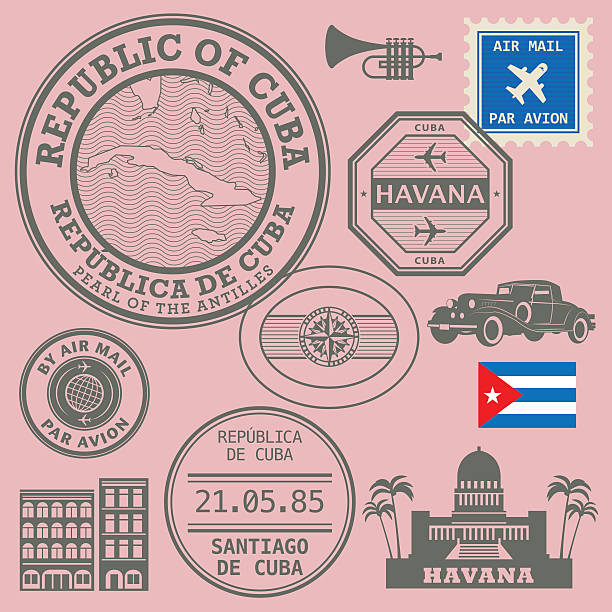 illustrations, cliparts, dessins animés et icônes de set de timbres de voyage - cuba