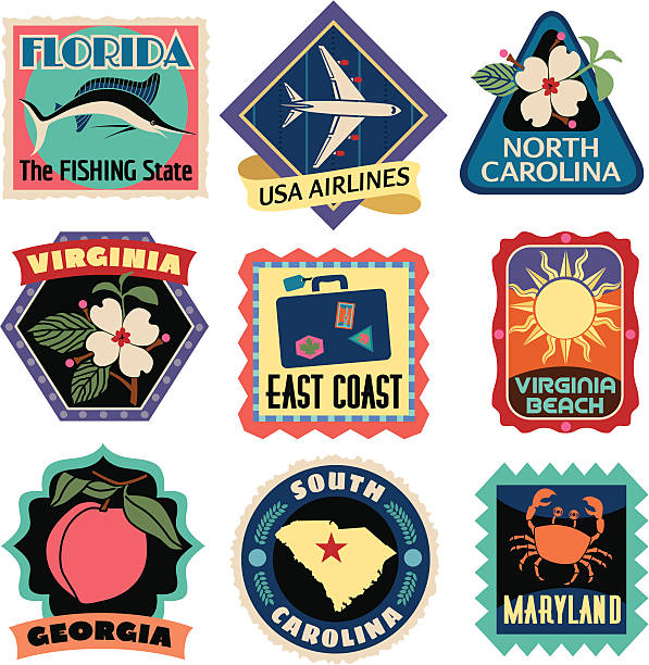 Travel Stickers East Coast USA Vector Southeast US Coast States travel stickers. north carolina us state stock illustrations