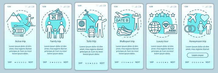 Travel styles onboarding mobile app page screen vector template