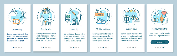 Travel styles onboarding mobile app page screen with linear concepts
