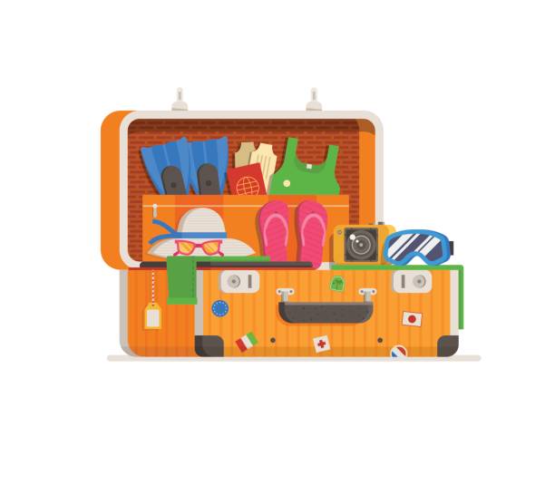 stockillustraties, clipart, cartoons en iconen met reizen koffer vol van dingen - packing suitcase