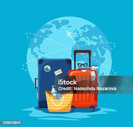 istock Travel suitcases and tote bag with sanitizer and medical gloves at the international airport 1318013849