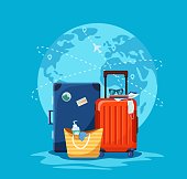istock Travel suitcases and tote bag with sanitizer and medical gloves at the international airport 1318013849