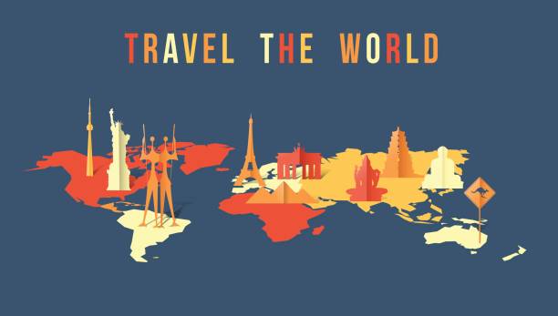 Travel the world paper cut landmark map design Travel the world illustration with map and worldwide landmarks in 3d paper cut style. Includes Eiffel tower, Liberty statue, Giza pyramids. EPS10 vector. japan  tourism stock illustrations