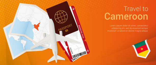 카메룬 팝언더 배너로 이동하십시오. 여권, 티켓, 비행기, 탑승권, 지도 및 카메룬 국기가있는 여행 배너. - cameroon stock illustrations