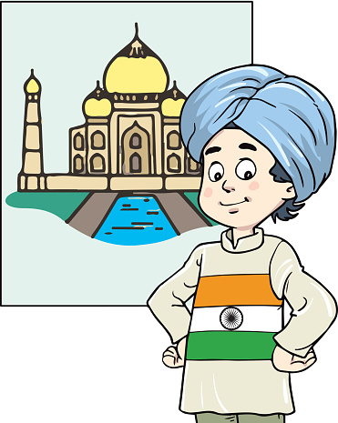 Travel to India - a colorful illustration of a flat design on a white background. Composition with a sweet boy. The concept of tourism and leisure