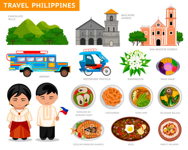 Travel to Philippines. Set of traditional cultural symbols, cuisine, architecture. A collection of colorful illustrations for the guidebook. Filipinos in national dress. Attractions. Vector. philippines girl stock illustrations