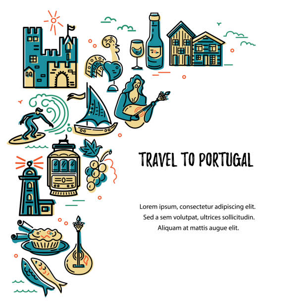 Travel to Portugal vector illustration. Travel to Portugal vector illustration. Template with portuguese symbols. Travel concept. barcelos stock illustrations