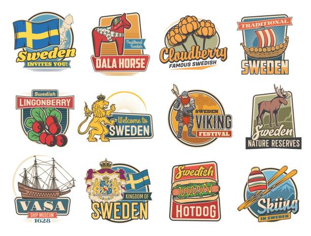 reisen sie nach schweden vektor-symbole, schwedische sehenswürdigkeiten - vasa museum stock-grafiken, -clipart, -cartoons und -symbole