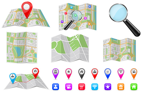 Travel tools - city maps, location markers, magnifying glass