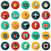 A set of flat design styled travel and vacation icons with a long side shadow. Color swatches are global so it’s easy to edit and change the colors. File is built in the CMYK color space for optimal printing.