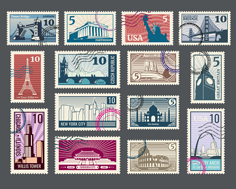 Travel, vacation, postage stamp with architecture and world landmarks