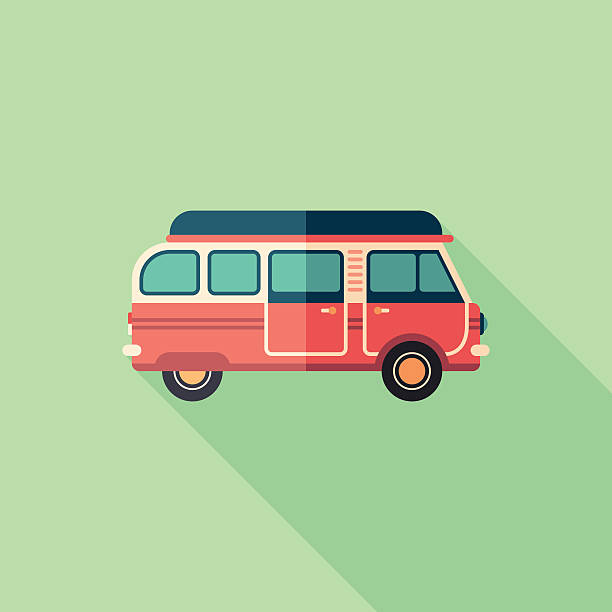 Travel van flat square icon with long shadows. Sun Sea Summer. Colorful flat icon. mini van stock illustrations