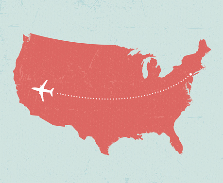 Vintage-style concept of U.S. travel, featuring a plane flying over the country from New York to San Francisco. Includes a version without the background texture.