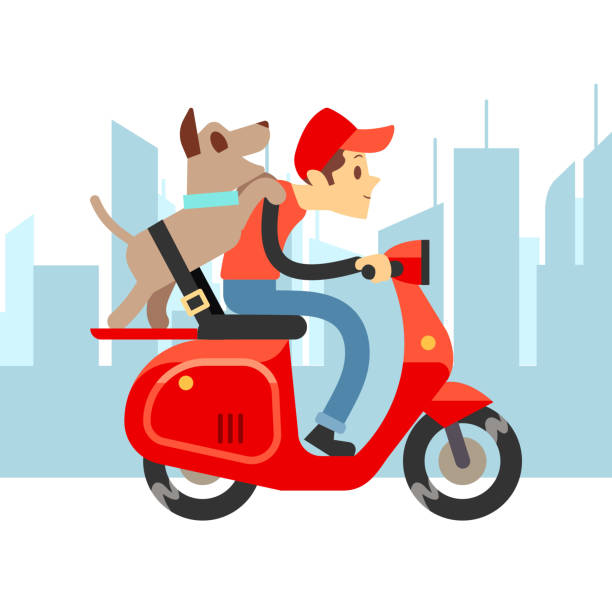 bildbanksillustrationer, clip art samt tecknat material och ikoner med resa med husdjur - ung man på moto med hund och staden landskap - friends riding