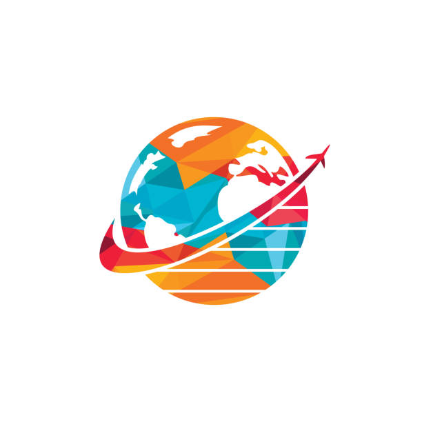 illustrazioni stock, clip art, cartoni animati e icone di tendenza di modello di design del logo vettoriale del mondo di viaggio. - sphere flying