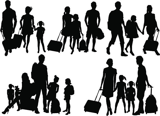 Traveler People in Silhouette at airport. airport silhouettes stock illustrations