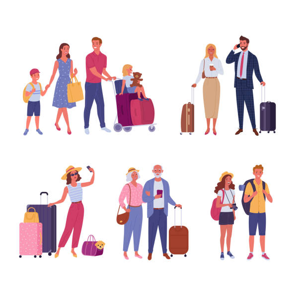 Travelers collection. Vector illustration of diverse cartoon people with luggage in trendy flat style. Isolated on white. selfie clipart stock illustrations
