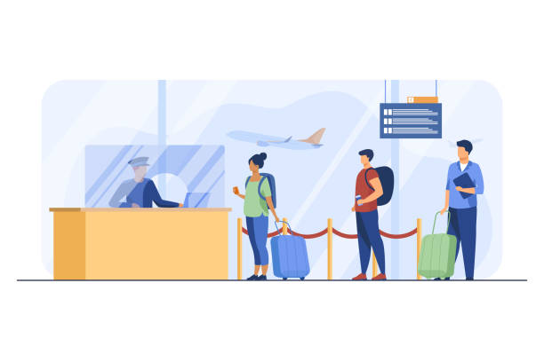 Travelers standing in queue for flight registration Travelers standing in queue for flight registration. Baggage, line, ticket flat vector illustration. Airlines and traveling concept for banner, website design or landing web page airport clipart stock illustrations