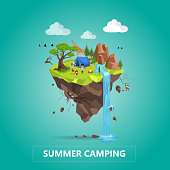 Traveling by car and Tourism Concept. Natural Animal Landscape With Holiday Camp In Forest. Vector Isometric 3D Illustration.