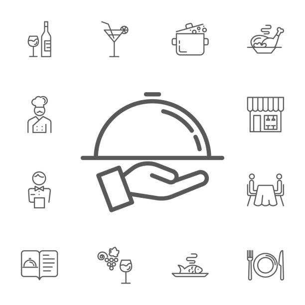 stockillustraties, clipart, cartoons en iconen met dienblad op het pictogram van een hand. eenvoudig instellen van restaurant vector lijn icons. - restaurant