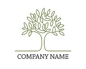Continuous line drawing of tree logo design on white background. Company name. Vector illustration