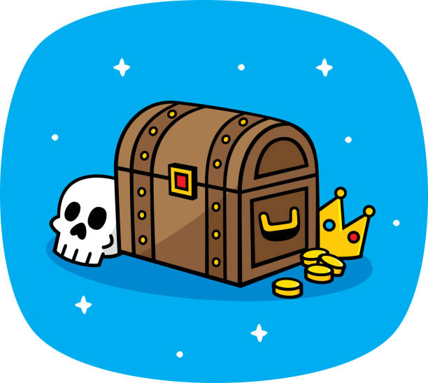 Treasure Chest Doodle Vector illustration of a hand drawn treasure chest with skull, crown, and gold coins against a blue background. jewelry treasure chest gold crate stock illustrations
