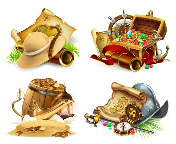ilustrações de stock, clip art, desenhos animados e ícones de treasure hunt and adventure, game logo. 3d vector icon set - aladdin illustration