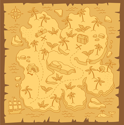 Treasure Island map. Pirates Isle adventure. Sea ship. Board game chest. Hand drawn vector line. Open paths. Editable outline.