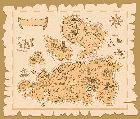 Treasure map old paper, pirate island adventure