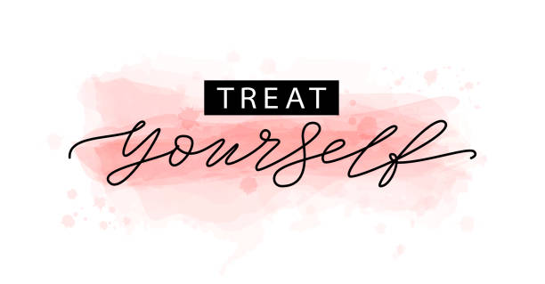 Treat yourself. Vector quote for blog or sale. Time to treat yourself to something nice. Treat yourself. Vector quote for blog or sale. Time to treat yourself to something nice. Beauty, body care, premium cosmetics, delicious, tasty food, ego. Modern calligraphy text Design print indulgence stock illustrations
