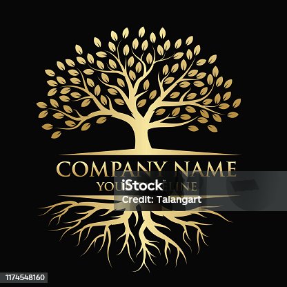 istock Tree and roots logo illustration. Tree of life logo design inspiration. In gold color 1174548160