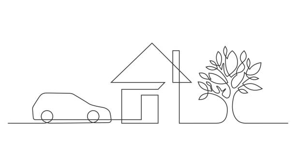 illustrations, cliparts, dessins animés et icônes de voiture maison d'arbre une ligne - architecture ecologie