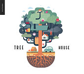 Tree house concept - a tree with houses, birds, nest, flowers and birdhouse on it, a car and tent with bonfire under it, and ground cut with soil layers and trees roots - summer camp vacation concept