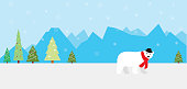 tree, ice mountain, bear wear a scarf and a hat, greeting card
