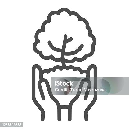 istock Tree in open hands with handful of soil line icon, ecological concept, caring for nature hands sign on white background, Hands holding young tree icon in outline style. Vector graphics. 1248844585