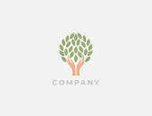 Tree logo with human hands. Ecology, environment, environment friendly, sharing, care or charity symbol. Growth concept. Eco vector illustration. Hands + Leaves logo. Foundation logotype.