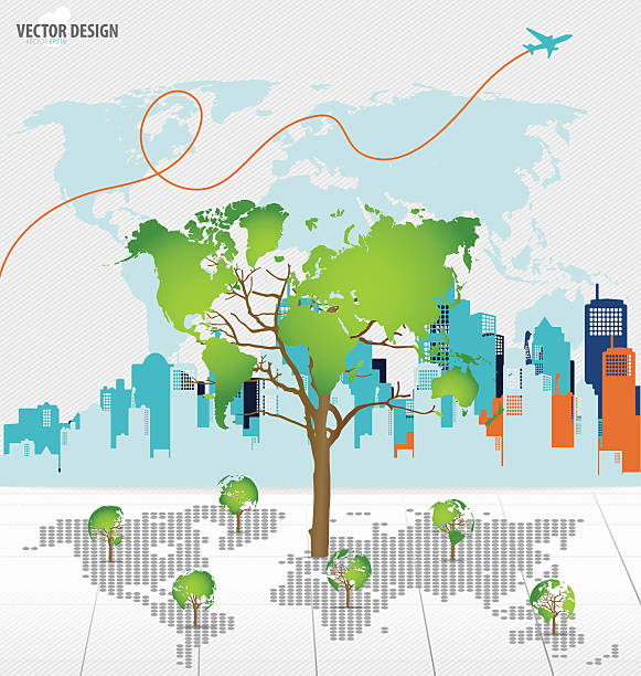 Tree shaped world map with building background. Vector Tree shaped world map with building background. Vector illustration. esg stock illustrations