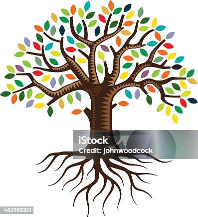 istock Tree with roots and brightly colored leaves 482988251