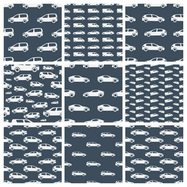 Tree-102 Set of nine seamless patterns with white cars on black background. Vector illustration. truck patterns stock illustrations