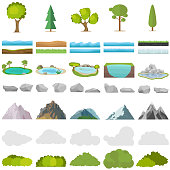 Trees, stones, lakes, mountains, shrubs. A set of realistic elements of nature. Flat design, vector illustration, vector.
