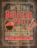 istock Trendy and stylized Barbecue Party invitation design template for summer cookouts and celebrations on wooden texture 1308734611