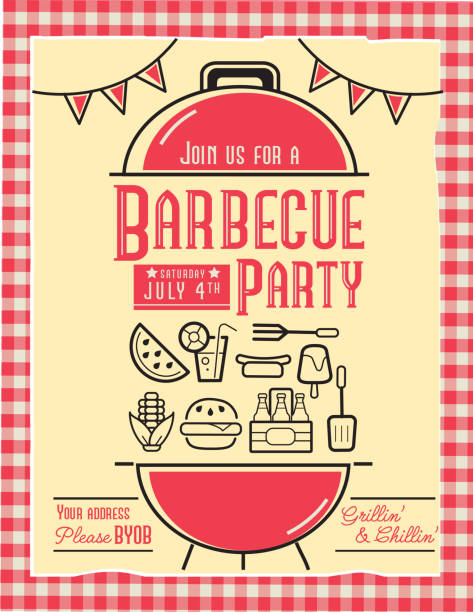 trendige und stilisierte barbecue party einladung design vorlage für sommer-cookouts und feiern - bbq stock-grafiken, -clipart, -cartoons und -symbole