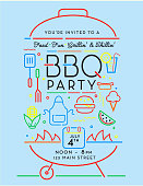 Vector illustration of a Trendy and stylized Barbecue Party invitation design template for summer cookouts and celebrations. Includes BBQ icons such as grill and utensils, placement text. Easy to edit and customize. Download includes vector eps 10 and high resolution jpg. Other color variations available.